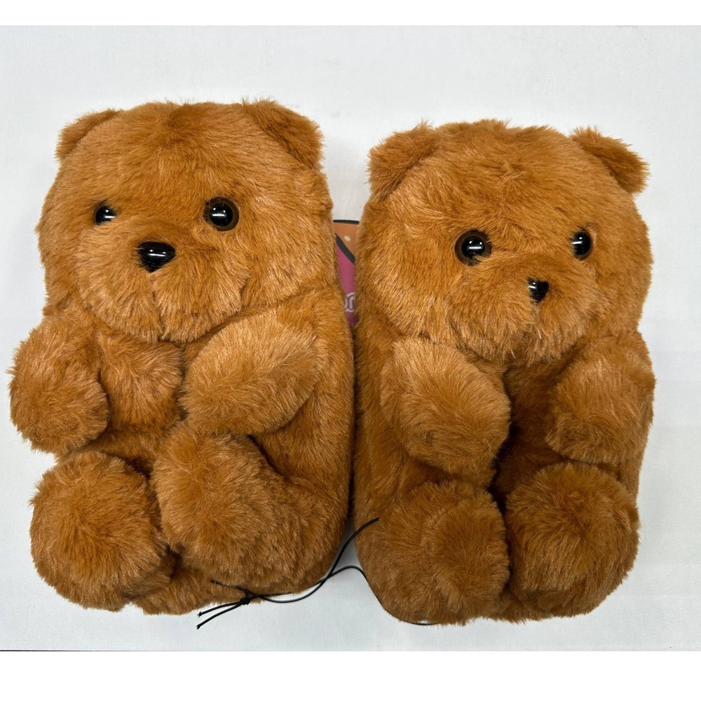 Snugimals Kids Teddy Bear Plush Slippers Brown Faux Fur Medium 7-8 SNL-105-CM